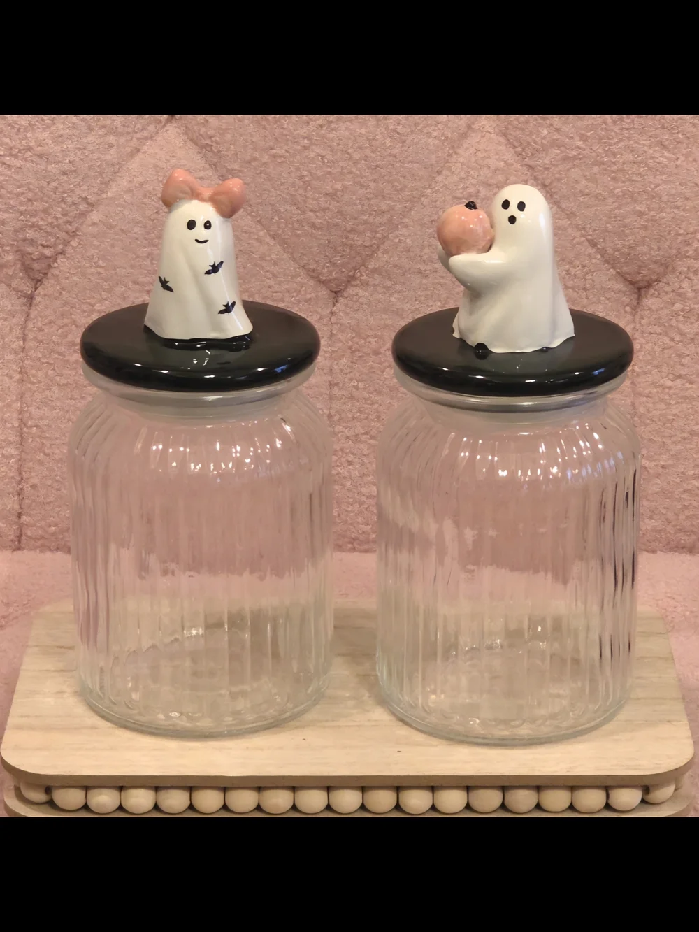 Whimsical Ghost Ceramic Lid Glass Jar Set in Pink and Black